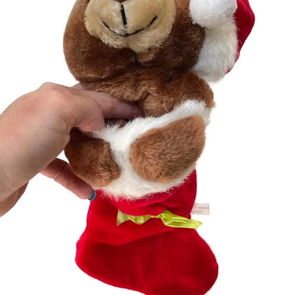 Vintage Christmas Stocking Teddy Bear Plush Santa Hat Red 1988 READ DSCPRT